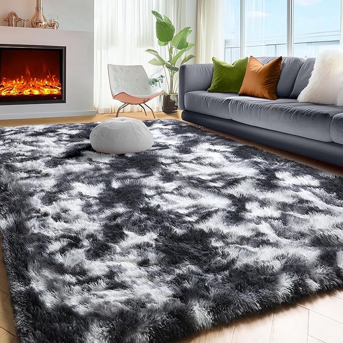 PAGISOFE Black White Grey Rugs for Living Room 5x8, Shag Fuzzy Fluffy Rectangular Rugs for Kids Room Playroom Classroom Dorm Shaggy Soft Carpet for Home Decor Aesthetic Plush Bedside Rug Modern Cool