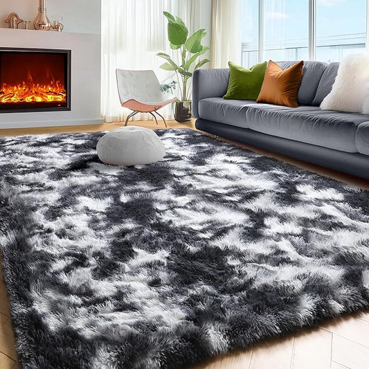 PAGISOFE Black White Grey Bedroom Rugs 4x6 Ft, Soft Fluffy Fuzzy Plush Indoor Floor Area Rug for Living Room Kids Room Playroom Dorm Home Office Nursery Men Boys Rooms Decor Carpet Aesthetic