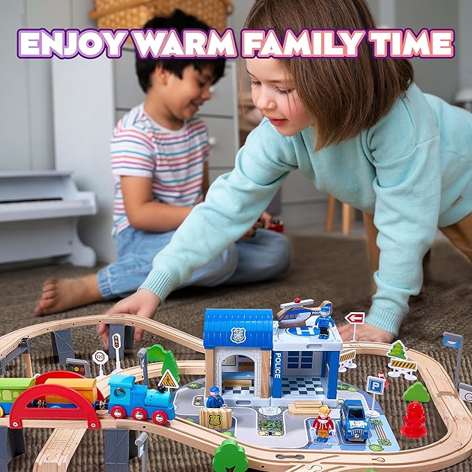 102-Piece Wooden Train Set for Kids Ages 3-8 | Expandable & Customizable Track | Safe, Non-Toxic STEM Toy Gift for Toddlers & Children | Compatible with Major Brands