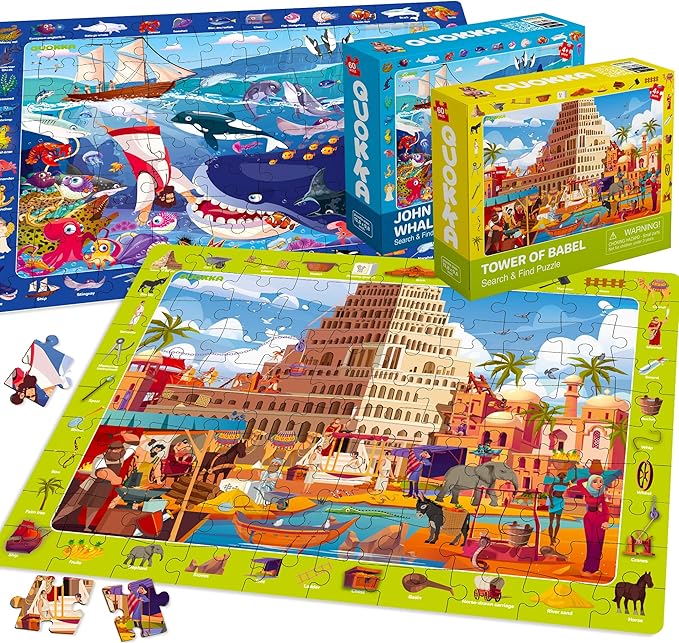 QUOKKA 60 Piece Kids Puzzles Ages 5-8 - Set of 4 Bible Jigsaw Puzzles for Kids 4-6-10 Year Old - Tower of Babel - Noah`s Ark - Eden Toys for Children 5-7 yo - Christian Gifts for Boys & Girls
