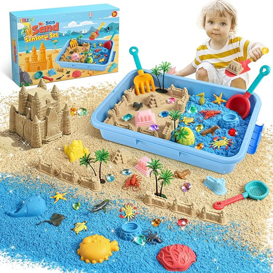 FRUSE Ocean Sensory Bin,Play Sand Art Kit with 2.2lbs Play Sand,12 Sea Animal Toys,Sand Molds,Role Play Beach Toy Sandbox Toys for Toddlers 3 4 5 6 7