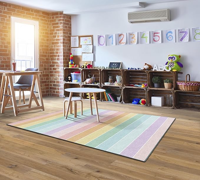 Flagship Carpets Schoolgirl Style Pastel Rainbow Stripe Educational Area Rug for Kids Room Seating Décor, Children's Classroom, Play Carpet for Teaching and Playroom, 5' x 7'6", Multi