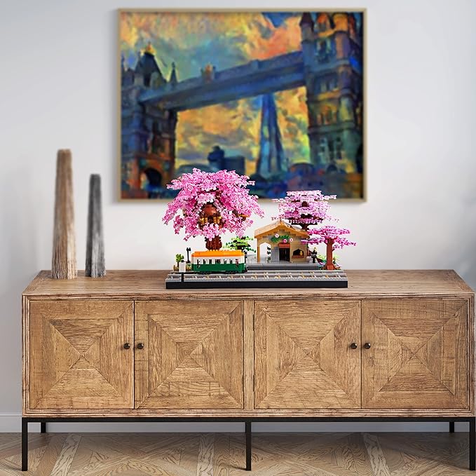 Japanese Cherry Blossom Train Station Micro Building Blocks Set - Creative Mini Bricks Model Kit for Adults and Kids (3668 PCS) with Figures