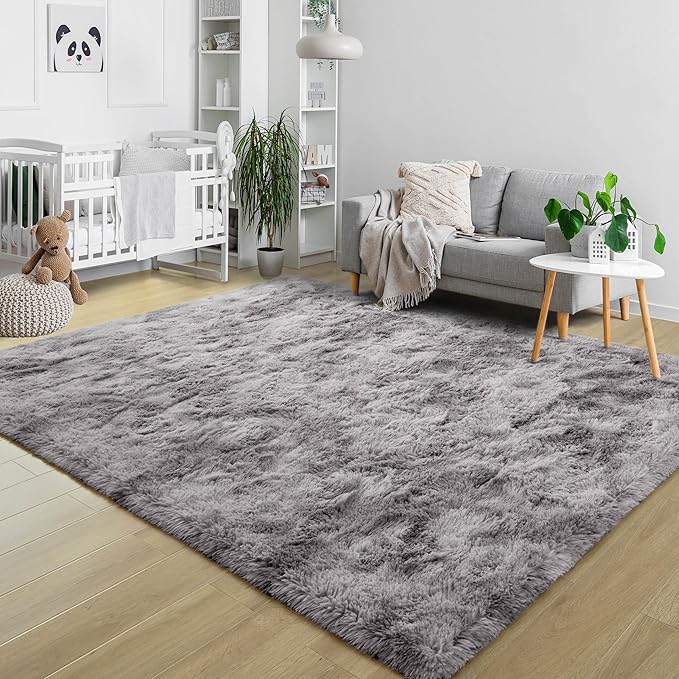 Fluffy Soft Living Room Bedroom Rug, 4x6 Tie-Dyed Grey Area Rugs Super Soft Shaggy Carpet for Living Room Classroom Kids Babys Playroom Nursery Dorm Home Decor, Modern Indoor Non Slip Rug