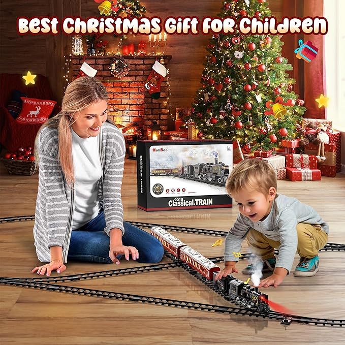 Hot Bee Train Set, Train Toys with Luxury Tracks & Glowing Passenger Cars, Metal Toy Train with Smoke, Sound and Light, Toddler Model Train Set for 3 4 5 6 7+ Years Old Boys Gifts Kids