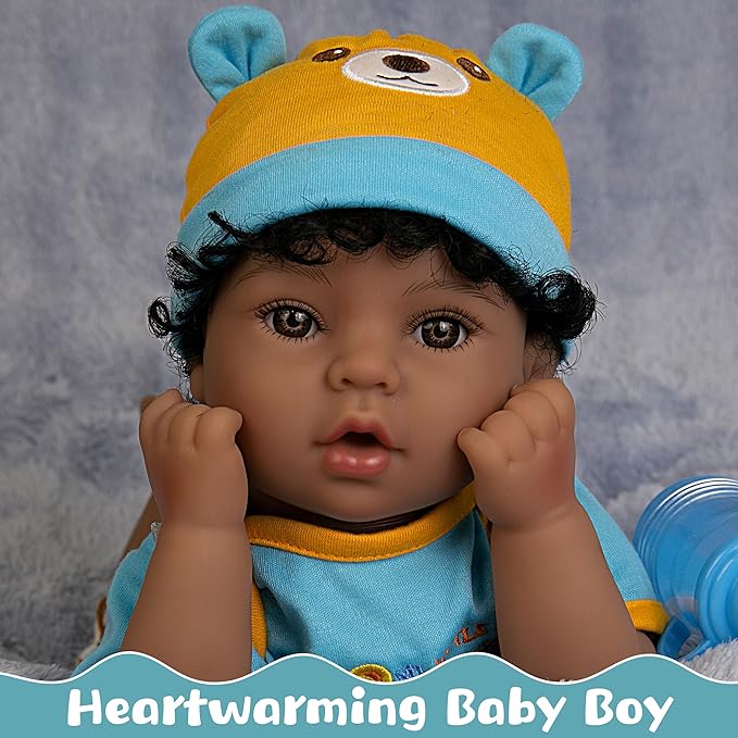 Lifelike Reborn Baby Doll 18-Inch American African Baby Boy Newborn Baby Doll Soft Cloth Body Real Life Baby Dolls for Kids 3+, Complete with Clothes and Toy Accessories