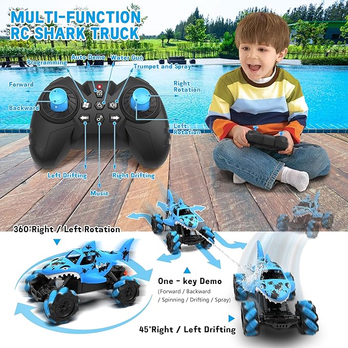 1:14 Shark Toy with Water Shooting Spray, Programming Remote Control Shark, Slides, 360-degree Rotations, Drifts, One-key Demo, Features Lights & Sounds, All Terrains Monster Truck for boys 5-7(Blue)