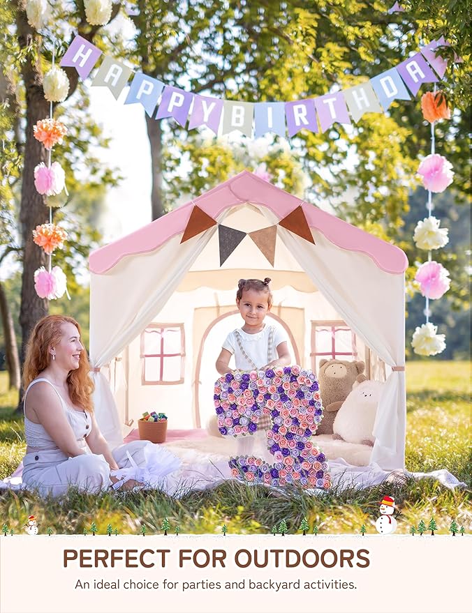 Besrey Kids Playhouse 2 in 1 With Padded Mat and Lights - Large Tent With 2 Doors & 4 Windows for Indoor & Outdoor Use - Christmas Toddler Gift, 51" x 35" x 51"