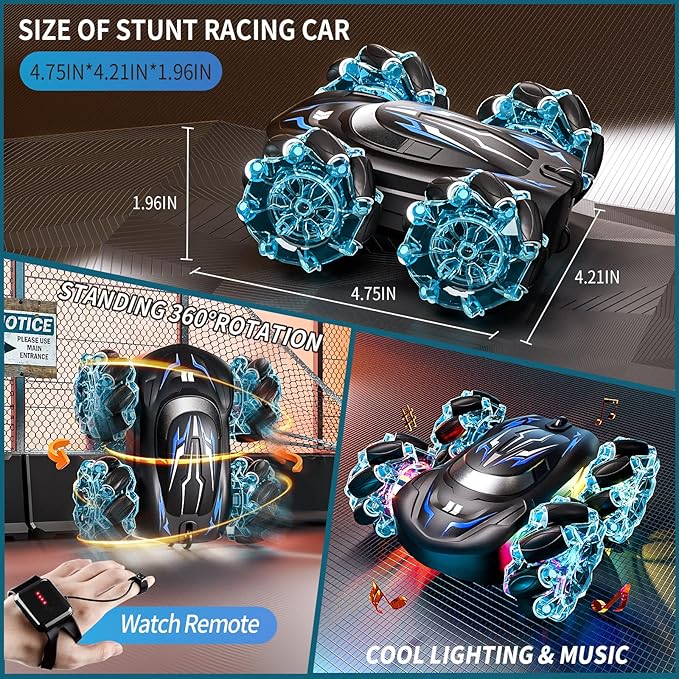 2.4GHz RC Stunt Car,4WD Double-Sided Gesture Sensing RC Cars,360°Flips Remote Control Car with Lights and Music for Boys Kids Birthday Gifts Age 6-12 Year Old (Blue