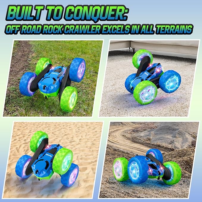 Remote Control Car for Kids RC Stunt Cars with Cool Wheel Lights 360° Rotating Boys Toys for Ages 6 7 8 9 10-12 Kids Gift Ideal(Blue&Green)