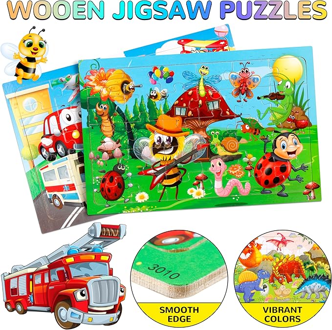 Puzzles for Kids Ages 4-8, 14 Pack Wooden Jigsaw Puzzles 30 Pieces Preschool Educational Learning Toys Set for Toddler Boys and Girls Stocking Stuffers