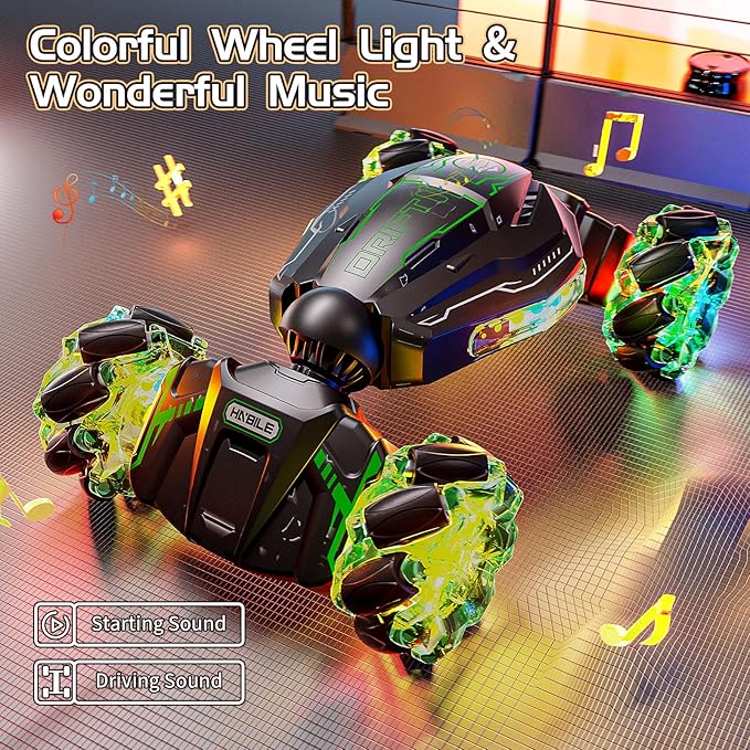 4WD Remote Control Car for Boys,2.4GHz Gesture Sensing Drift RC Cars,360°Flips Off-Road Hand Controlled RC Stunt Car with Lights Music,Toy Car Birthday Gifts for Boys Kids Age 6+ (Green