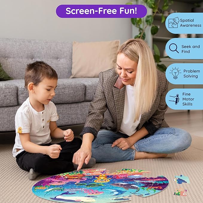 Jumbo 70 Piece Round Floor Puzzles for Kids Ages 3-5, 6-8, Large Jigsaw Puzzle with Educational Flash Cards and 3D Figures | Educational Gift (Underwater World)