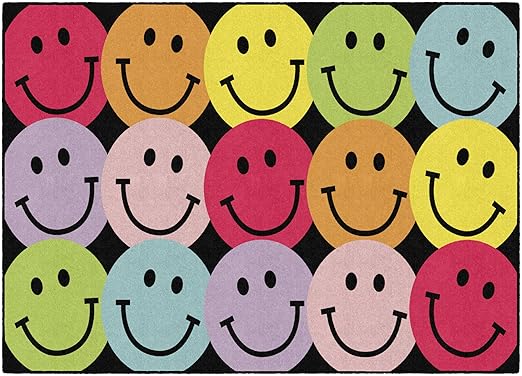 Flagship Carpets Schoolgirl Style Big Rainbow Smiley Faces Educational Area Rug for Kids Room Seating Décor, Children's Classroom, Play Carpet for Teaching and Playroom, 5' x 7'6", Black & Multi
