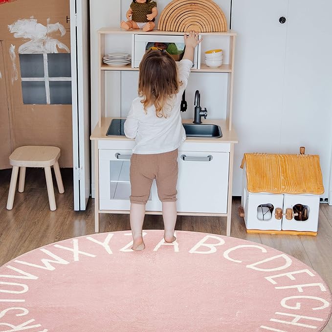 Topotdor Round Kids Play Rug Alphabet Nursery Area Rug Extra Large Soft Crawling Play Mat for Children Toddlers Bedroom (40 inch, Pink)