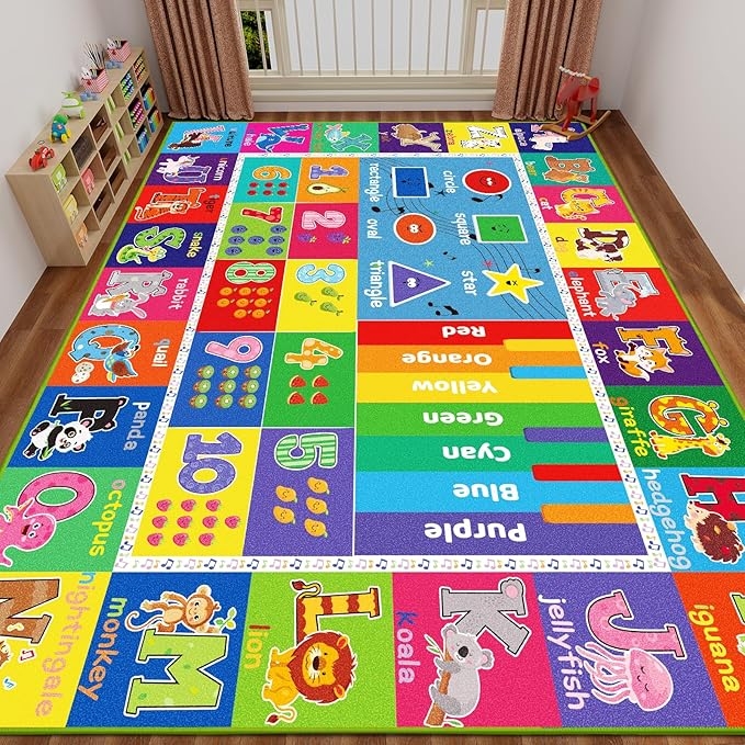 ABC Carpet, Kids Rugs for Playroom, Educational Play Mat for Kids, Preschool Rugs with ABC, Numbers, Animals Learning Rugs for Bedroom Playroom Classroom Baby Toddler Children (Blue, 78.7X59 INCH)