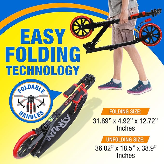 SereneLife Kick Scooter Adult Teenagers Kids- 2 Wheel Kids Scooter with Adjustable T-Bar Handlebar - Alloy Anti-Slip Deck - Portable Folding Scooters for Kids with Carrying Strap