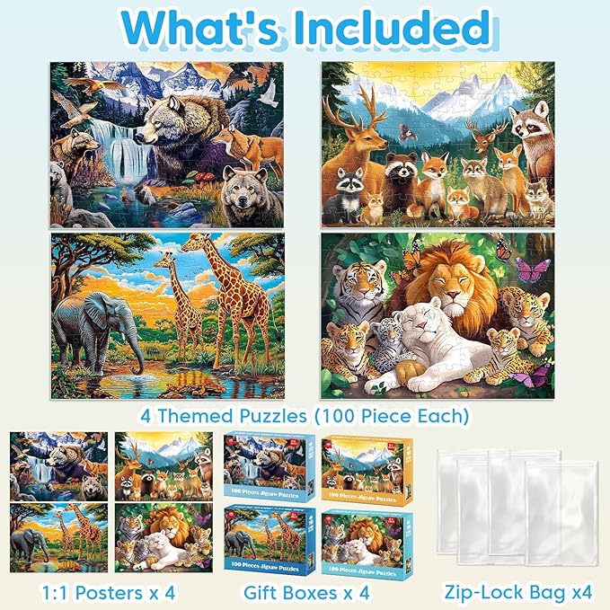 Kids Puzzles Ages 5-8 - Wild Animals Puzzles 100 Piece Jigsaw Puzzles for Kids Ages 4-6 Toddler Puzzles, World of Animals Collection Puzzles Gift Educational Toys for Boys and Girls 4-Pack