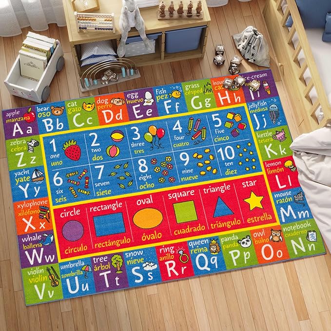 KC Cubs ABC Alphabet, Seasons, Days + Spanish Translations Educational Learning Game Play Boy & Girl Kids Area Rug Carpet for Children Bedroom, Toddler Classroom, & Baby Playroom Floor Activity Mat