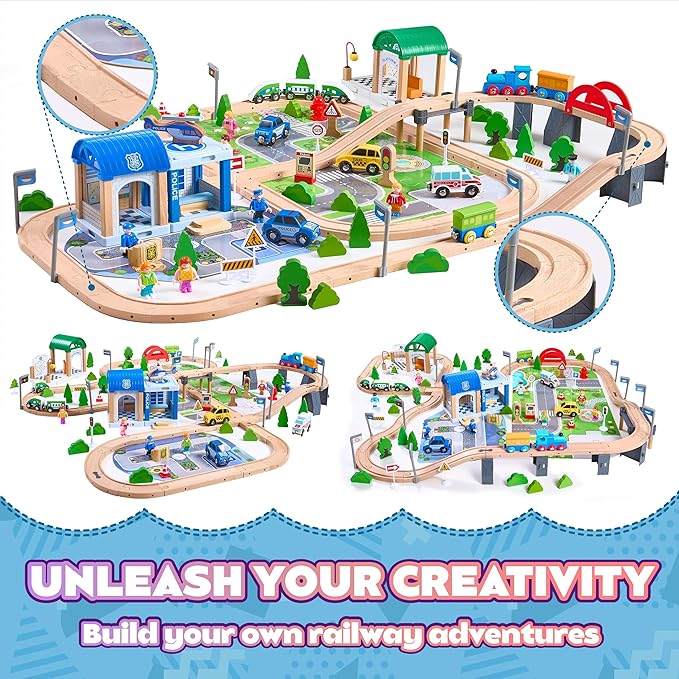 172Pcs Wooden Train Set for Toddlers, Wooden Train Track - Expandable and Changeable, Safe Educational Train Toys Gift for Boys & Girls Kids Ages 3-5 4-8, Compatible with All Major Brands