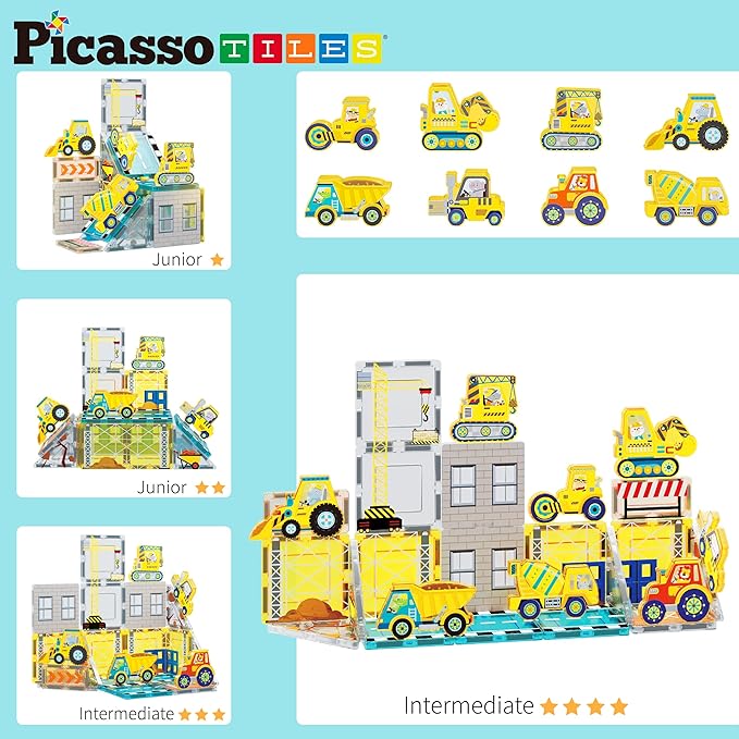 PicassoTiles Magnet Tile Building Blocks Printed Construction Themed Toy Set with 8 Character Action Figure Vehicles Magnetic Tiles STEM Brain Development Learning Toys for Toddlers Kids Ages 3+ PTQ21