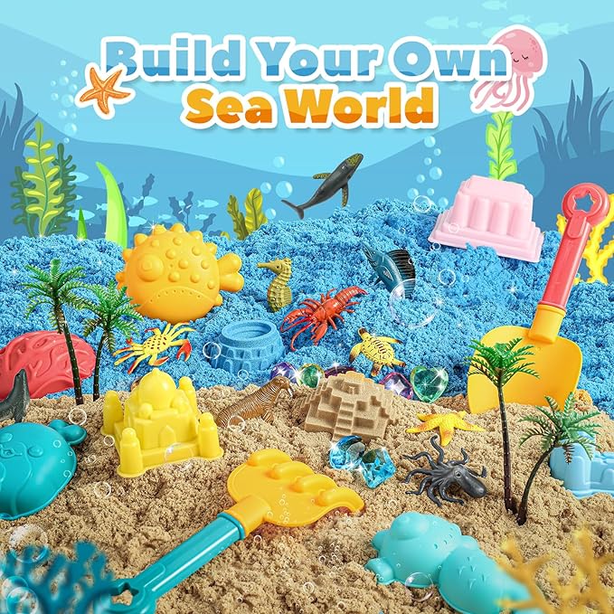 FRUSE Ocean Sensory Bin,Play Sand Art Kit with 2.2lbs Play Sand,12 Sea Animal Toys,Sand Molds,Role Play Beach Toy Sandbox Toys for Toddlers 3 4 5 6 7