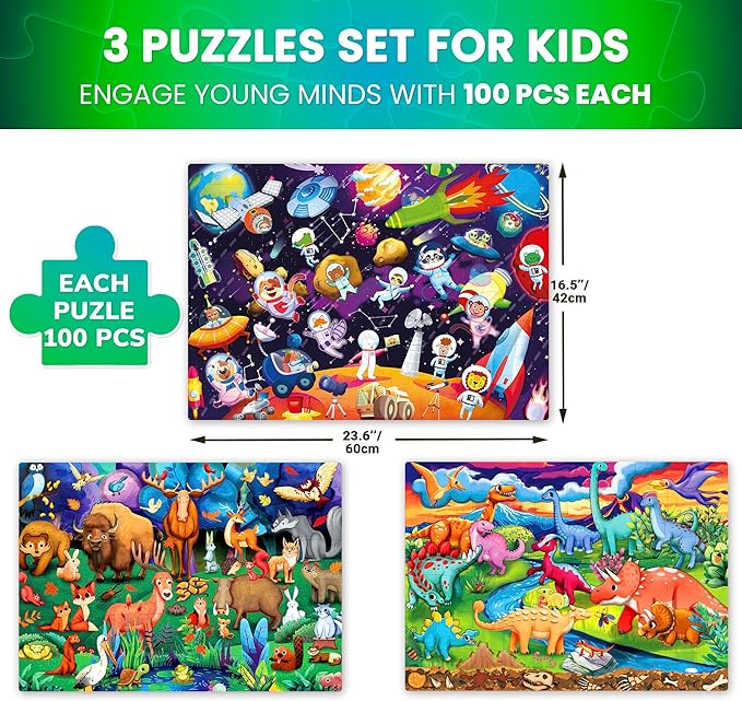 QUOKKA 3x100 Piece Puzzles for Kids Ages 6-8 – Glow-in-The-Dark Puzzles for Kids 8-10 | Space, Dinosaurs, Animals | Fun Educational Puzzle for Boys & Girls – Learning Games & Space Toys Gift for Kid