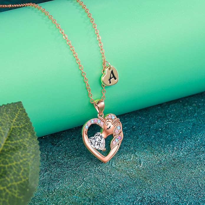 Necklace for Girls Kids Gifts - Colorful CZ Heart Initial Necklaces Unicorn Necklace for Girls Jewelry Birthday Graduation Gifts for Little Girl Kids