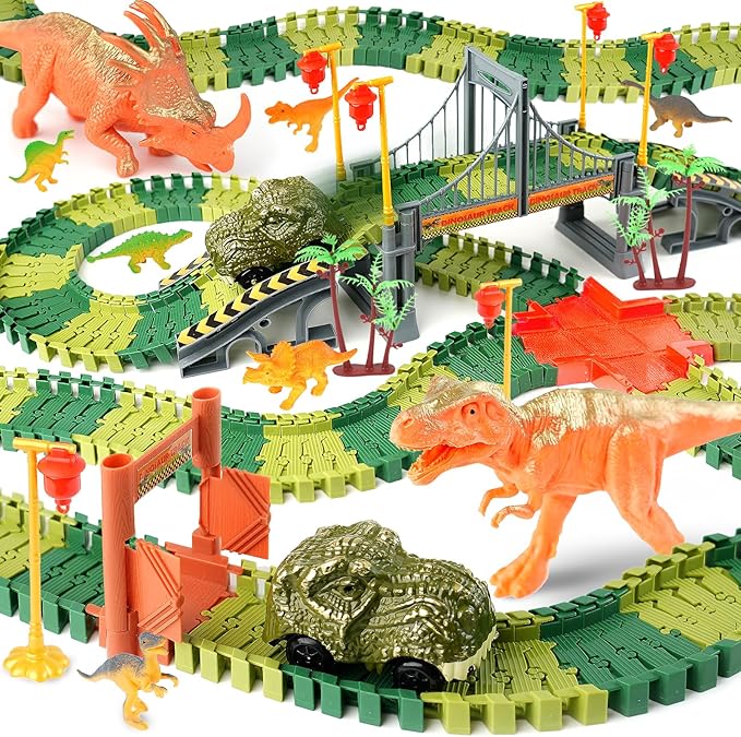 Dinosaur Track Toys for Kids 3-5 4-7 - Best Birthday Gifts for Boys Ages 3 4 5 6 7 Year Old - Flexible Dinosaur Race Car Track Set, Create a Dino World Adventure