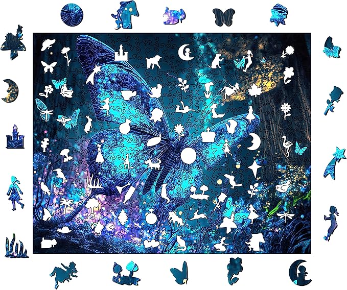 Wooden Puzzles, Fluorescent Butterfly Jigsaw Puzzles 200 Pieces, Unique Shaped Wooden Puzzle for Adults and Kids 9.5 x 12.1 Inch