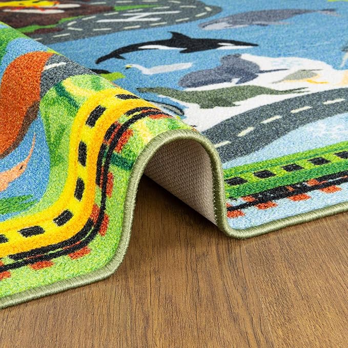 KC Cubs Playtime Collection Animal Safari Road Map Learning and Game Area Carpet for Kids and Children Bedrooms and Playroom (5' 0" x 6' 6") Educational Rug, 5 ft x 6 ft (6 in), Multi