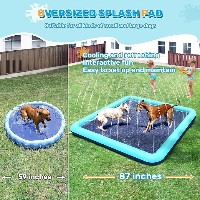 87'' Splash Pad for Dogs, Non-Slip Sprinkler for Kids, Square Splash Pad for Kids Ages 4-8, Splash Pads for Toddlers 1-3, Dog Sprinkler Shallow Pool, Outdoor Water Toys for Backyard, Teal