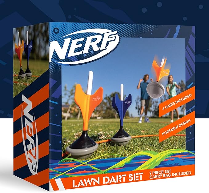 Nerf Soft Tip Lawn Dart Set, Outdoor Backyard Game for Kids & Adults, Includes 4 Lawn Darts, 2 Target Rings, Storage Bag, Fun & Safe Summer Activity for Beach, Yard, Camping, Pool
