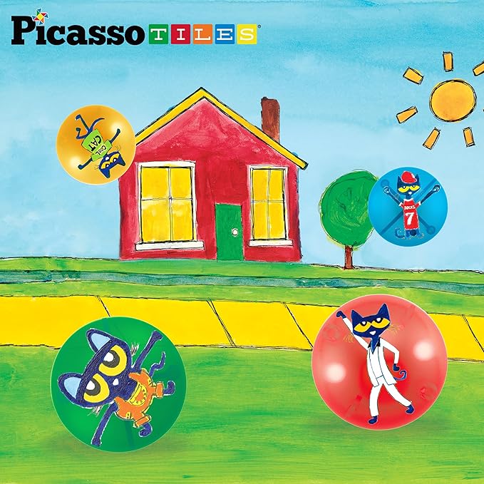 PicassoTiles Magnet Marble Run Tiles Pete The Cat Themed Character Marbles for Magnetic Building Block Construction Tile Maze Structures STEM Learning Pretend Play Fun Toys Girls Boys Ages 3+ PTG02