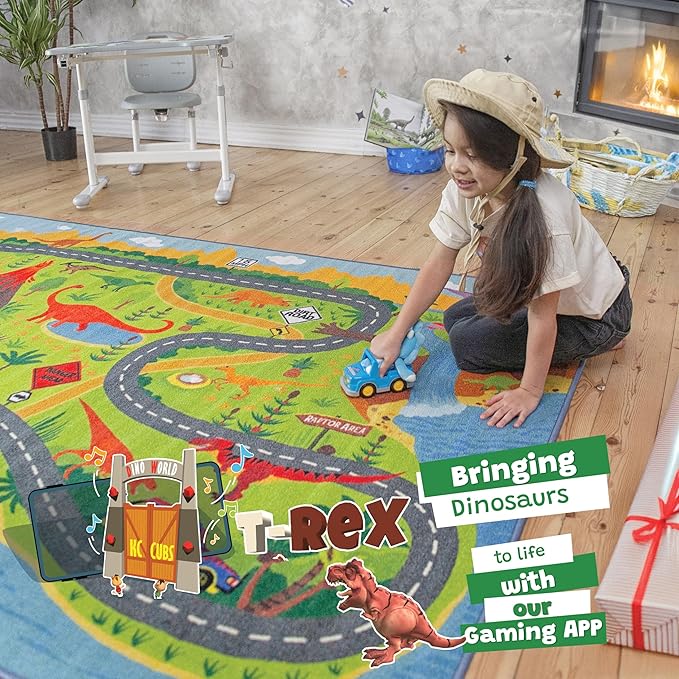 KC Cubs Dinosaur Dino Safari Road Map Learning & Game Area Carpet for Kids and Children Bedrooms and Playroom Educational Rug, 5 ft x 6 ft 6 in, Multi