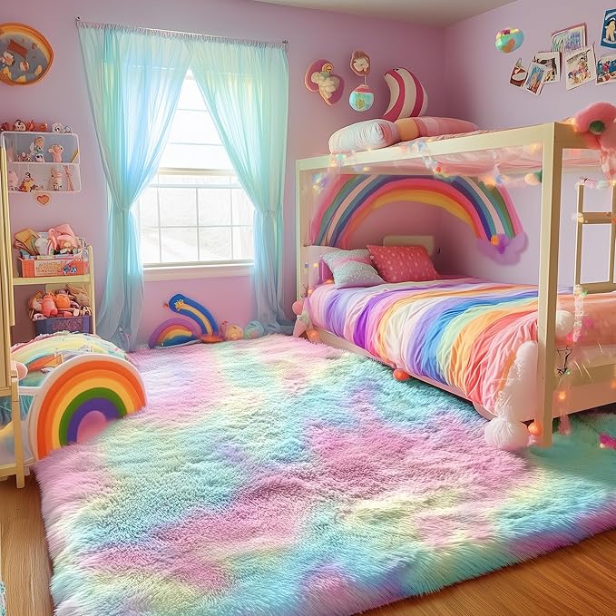 PAGISOFE 4x6 Rainbow Fluffy Soft Plush Area Rugs for Girls Bedroom, Shaggy Rugs for Kids Playroom,Kawaii Princess Fuzzy Rugs for Nursery Baby Toddler,Cute Colorful Room Decor for Teenage