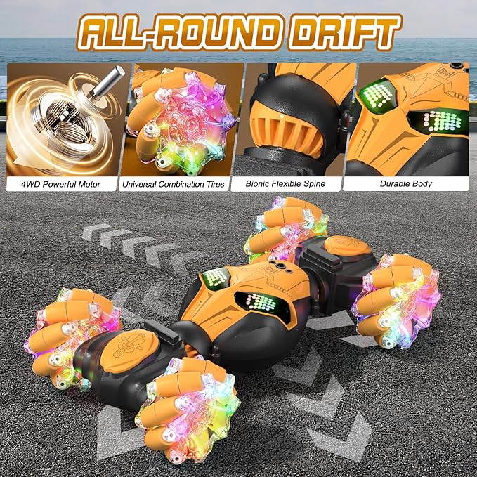 Axirata Gesture Sensing RC Stunt Car with Lights & Music for Kids 6-12 Year Old 4WD 2.4GHz Hand Controlled Remote Control Car 360° Rotation Off-Road Toy Car Gift for Boys Girls（Yellow）