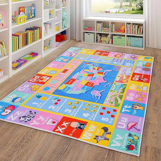 Kids Rugs for Playroom - Soft & Non-Slip 8x10 Feet Educational Rug for Learning ABC Alphabet, Numbers, Shapes & Map, Washable Classroom Rug for Toddler Nursery & Kids Room Decor