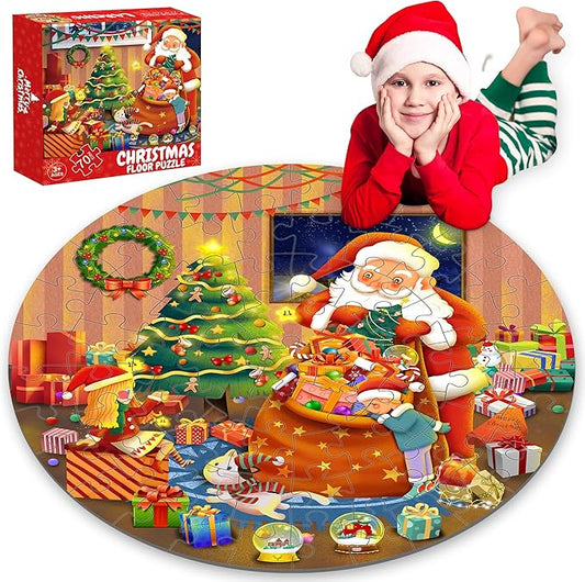 Christmas Floor Puzzles for Kids Age 4-8 & 8-10, 70Pcs Large Jigsaw Puzzles, Learn Educational Toys - Xmas Gifts for Boys & Girls