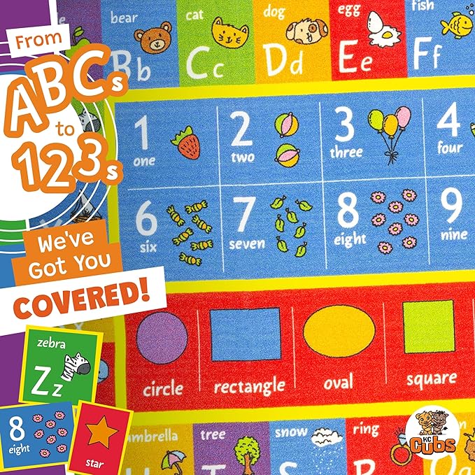 KC CUBS ABC Alphabet, Numbers and Shapes Educational Learning & Fun Game Play Area Non Slip Boy Girl Kids Rug Carpet for Children Bedroom, Toddler Classroom Baby Playroom Mat, Playtime Activity