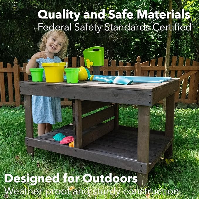 WONKAWOO Sand and Water Table for Toddlers | Outdoor Wooden Sensory Sand Table with 2 Plastic Bins, Built-in Water Tap and Beach Toys Included | Sand & Splash Oasis™ Standing Play Activity Table