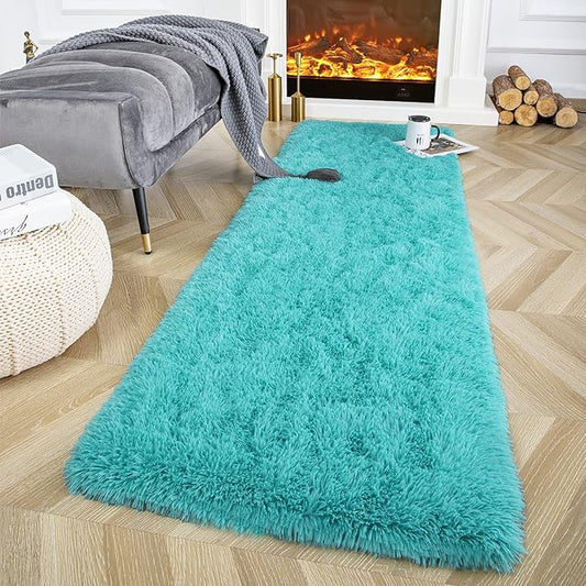 Ompaa Fluffy Runner Rugs, 2x4 Feet Teal Blue, Super Soft Shaggy Carpet Fuzzy Long Fur Rug for Bedroom Living Room Dorm, Plush Kids Playroom Baby Girls Nursery Decor Mats