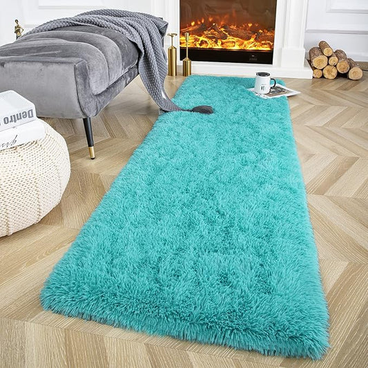 Ompaa Fluffy Runner Rugs, 2x6 Feet Teal Blue, Super Soft Shaggy Carpet Fuzzy Long Fur Rug for Bedroom Living Room Dorm, Plush Kids Playroom Baby Girls Nursery Decor Mats