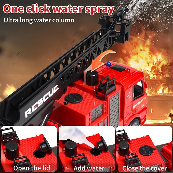 Fire Truck Toy for Toddlers Kids Boys Ages 3-8 Years Old,Remote Control Fire Truck with Lights,Siren Sound,Working Water Spray and Rotating Rescue Ladder,Firetruck Engine Gifts for Little Fireman 8-12