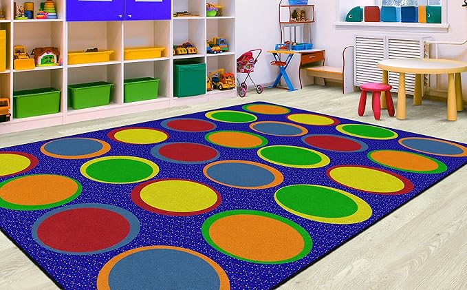 Flagship Carpets Sitting Spots Seating Rectangle Area Rug for Children's Classroom or Kids Playroom, and Home Learning Carpet, Seats 24, 7'6" x 12', Blue
