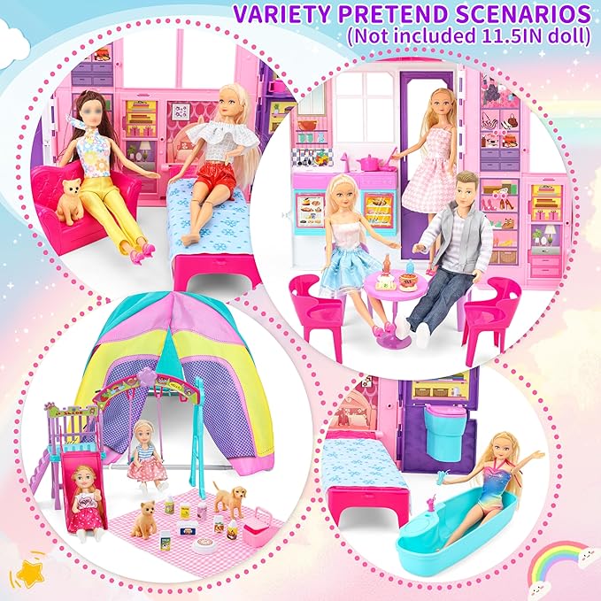 Doll House Portable & Foldable Dollhouse w/ 60+ Pcs & 2 Dolls, Play House Toy with Bedroom Kitchen Furniture Camping Playset, Playhouse Birthday Gift for Girl Kid Toddler