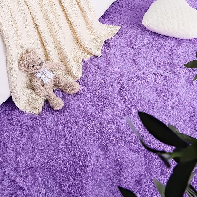 LOCHAS Luxury Round Fluffy Area Rugs for Bedroom Kids Girls Room Nursery, Super Soft Circle Rug, Cute Shaggy Carpet for Children Living Room, 4x4 Feet Purple