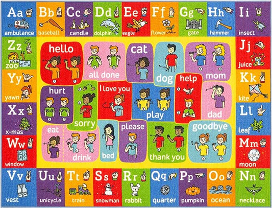 KC Cubs ABC Alphabet ASL Sign Language Educational Learning & Fun Game Play Area Non Slip Boy & Girl Kids Rug Carpet for Children Bedroom, Toddler Classroom & Baby Playroom Mat, 3' 3" x 4' 11"