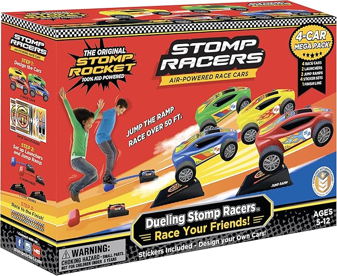 Stomp Racers Air Powered Race Cars by Stomp Rocket, 4 Car Mega Pack - Dueling Stomp Racers Toy Car Launcher - Fun Backyard & Outdoor Multi-Player Kids Toys Gifts for Boys, Girls & Toddlers