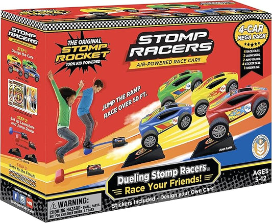 Stomp Racers Air Powered Race Cars by Stomp Rocket, 4 Car Mega Pack - Dueling Stomp Racers Toy Car Launcher - Fun Backyard & Outdoor Multi-Player Kids Toys Gifts for Boys, Girls & Toddlers